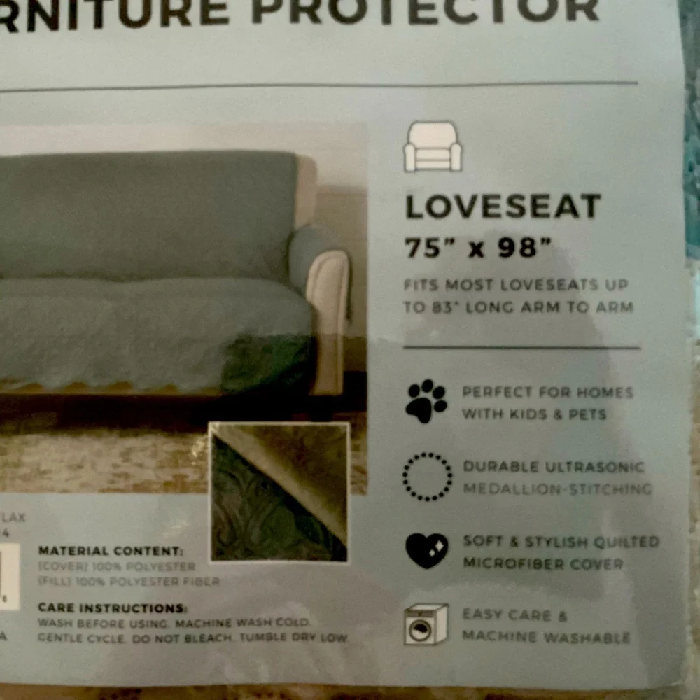 NIP Loveseat 2 cushion Furniture Protector - LIGHT BLUE /Ecru back